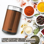 Kaffe Coffee Grinder Electric - Spice Grinder w/Cleaning Brush, Easy On/Off - Perfect for Espresso, Herbs, Spices, Nuts, Grain - 3.5oz / 14 Cup. Copper