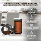 Kaffe Coffee Grinder Electric - Spice Grinder w/Cleaning Brush, Easy On/Off - Perfect for Espresso, Herbs, Spices, Nuts, Grain - 3.5oz / 14 Cup. Copper