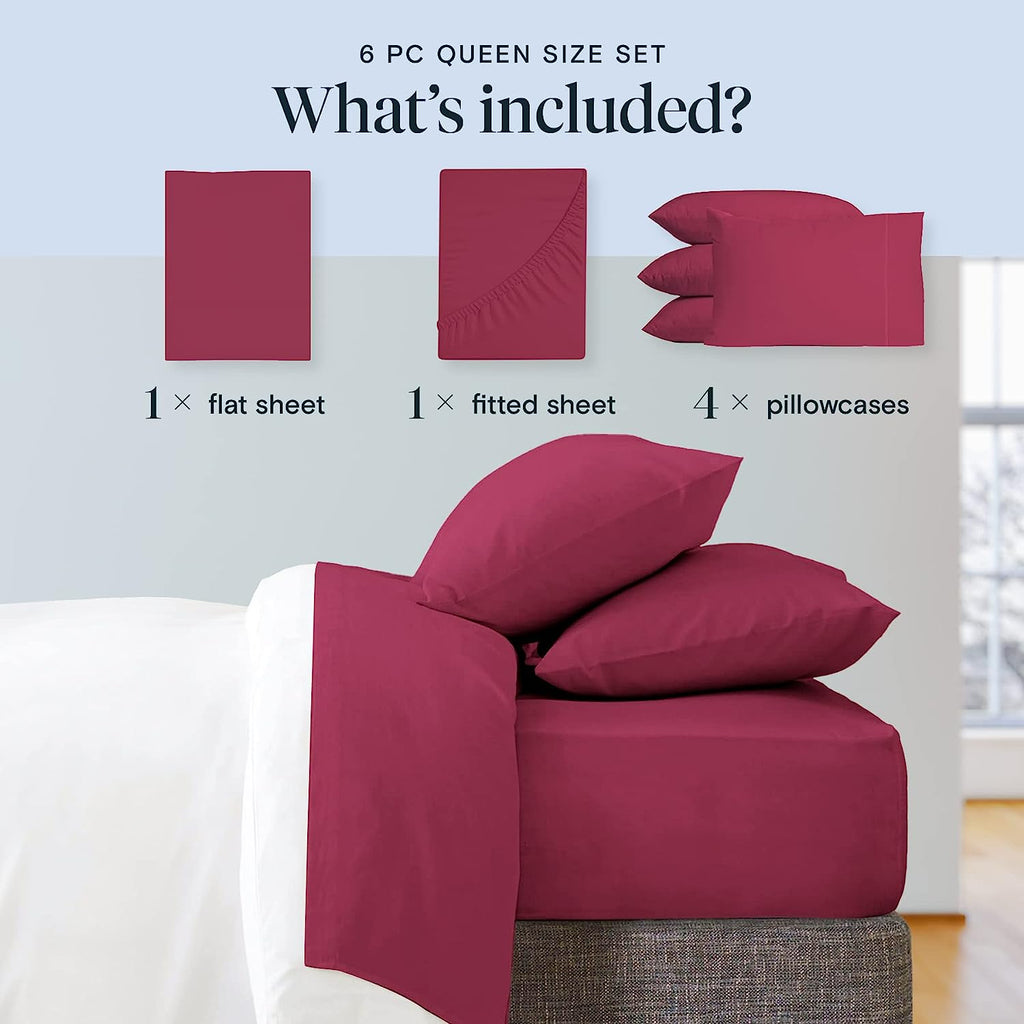 LuxClub 6 PC Queen Sheet Set Bamboo Sheets Deep Pockets 18" Eco Friendly Wrinkle Free Cooling Sheets Machine Washable Hotel Bedding Silky Soft - Burgundy Queen