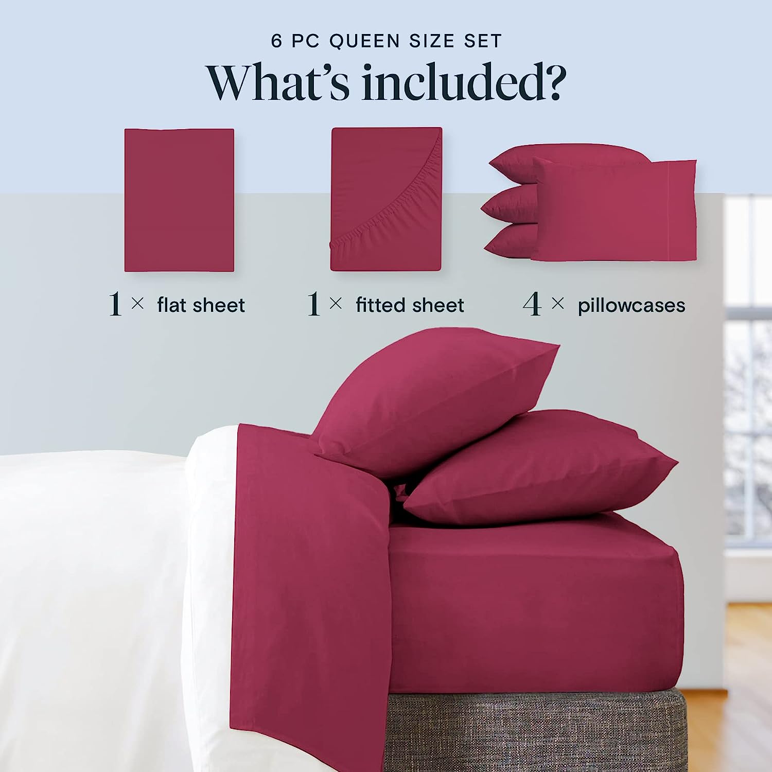 LuxClub 6 PC Queen Sheet Set Bamboo Sheets Deep Pockets 18" Eco Friendly Wrinkle Free Cooling Sheets Machine Washable Hotel Bedding Silky Soft - Burgundy Queen
