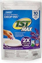 Camco TST MAX RV Toilet Treatment Drop-INs | Control Unwanted Odors and Break Down Waste and Tissue | Septic Tank Safe | Lavender Scent | 10-pack (41556)