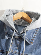 mens cotton button front outdoor stylish detachable hooded denim jacket with pocket