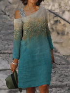 Art Print One Shoulder Long Sleeve Midi Dress