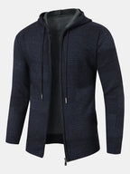 mens knitted zip front casual drawstring hooded cardigans with pocket