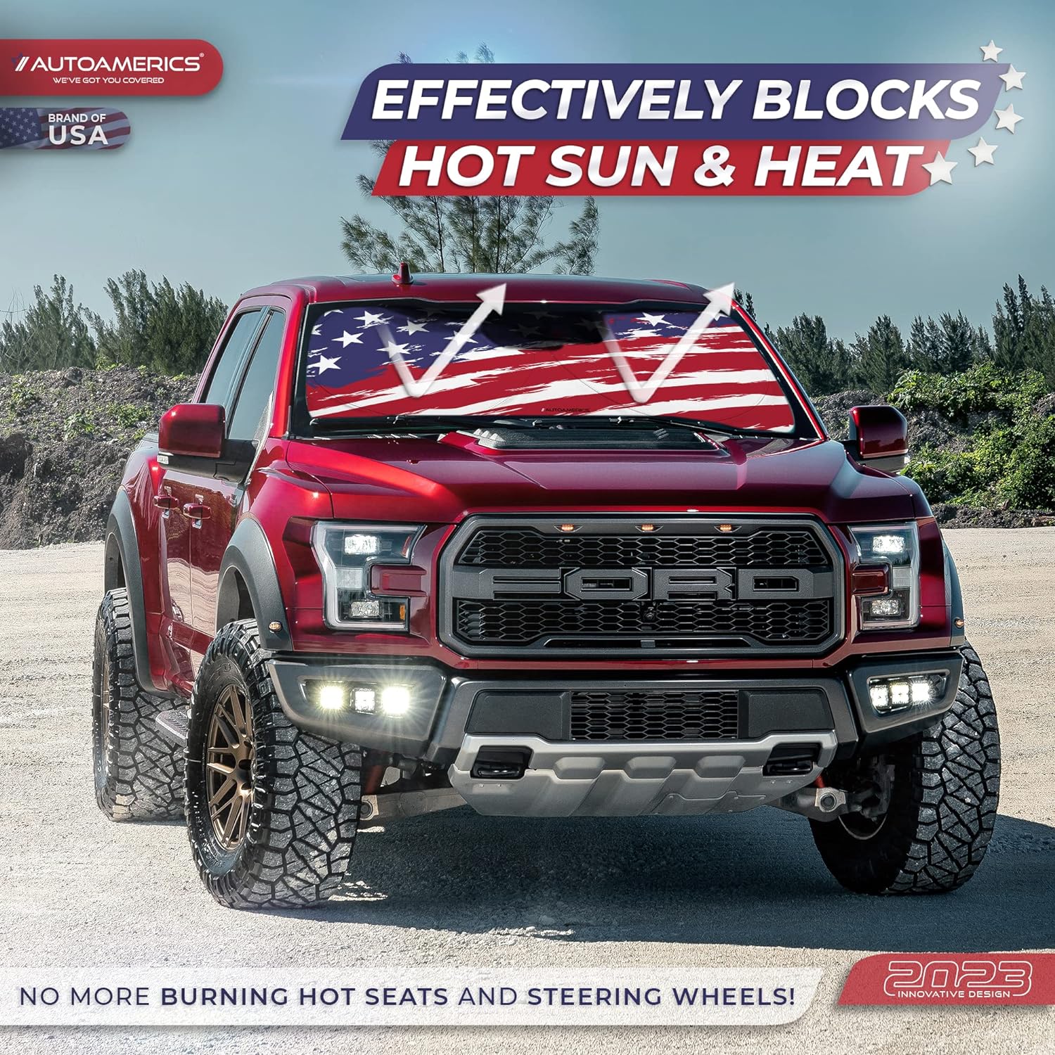 Autoamerics 1-Piece Windshield Sun Shade USA Art Flag - 2 American  - Foldable Car Front Window Sunshade for Most Sedans SUV Truck - Blocks Max UV Rays and Keeps Your Vehicle Cool - Medium