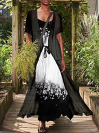 Casual Loose Floral Print Suit Short Sleeve Maxi Dress