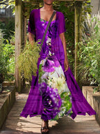 Casual Loose Floral Print Suit Short Sleeve Maxi Dress