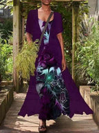 Casual Loose Floral Print Suit Short Sleeve Maxi Dress