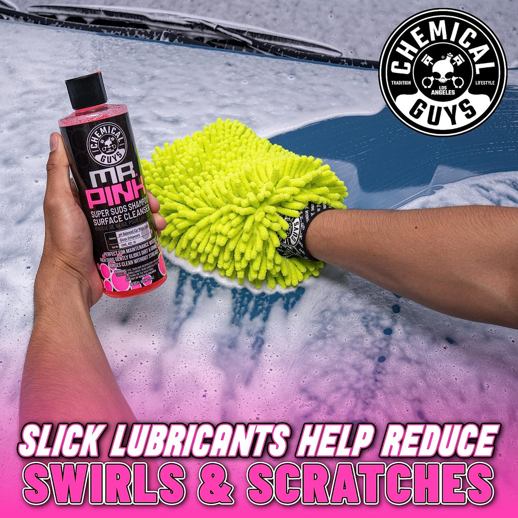 Chemical Guys CWS_402_16M Car Wash Starter Bundle - Mr. Pink Foaming Car Wash Soap, 16 fl oz, Candy Scent + Green Chenille Wash Mitt (2 Items) Works on Cars, Trucks, SUVs, RVs &amp; More