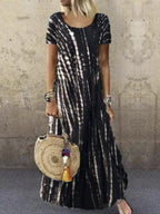 Ladies Round Neck Short Sleeve Tie-dye Printed Maxi Dress