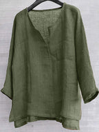Cotton & Linen Solid Color V-Neck Blouse