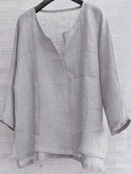 Cotton & Linen Solid Color V-Neck Blouse