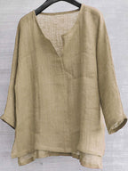 Cotton & Linen Solid Color V-Neck Blouse