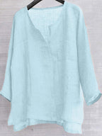 Cotton & Linen Solid Color V-Neck Blouse