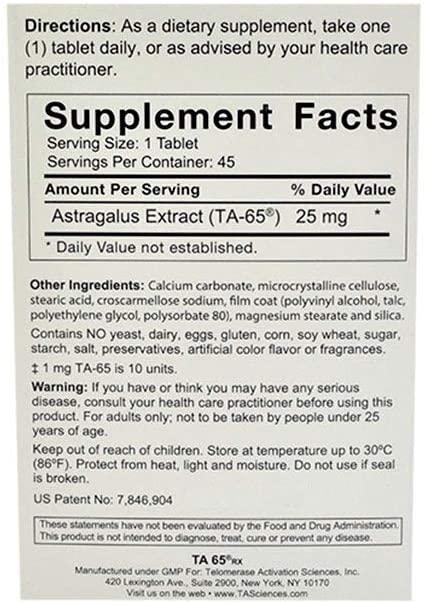 T.A. Sciences TA-65 Rx 45 (250 Units) Tablet Box