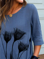 Round Neck Floral Print Middle Sleeve Ladies Blouse