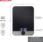 KitchenAid KQ908 Glass Surface 11 Pound Capacity Digital Kitchen and Food Scale, Black
