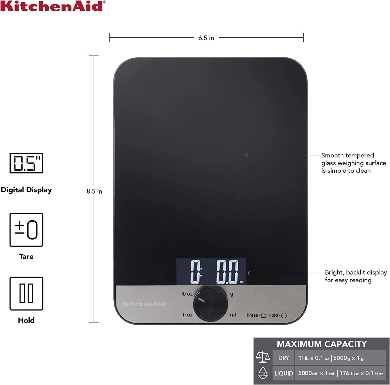 KitchenAid KQ908 Glass Surface 11 Pound Capacity Digital Kitchen and Food Scale, Black