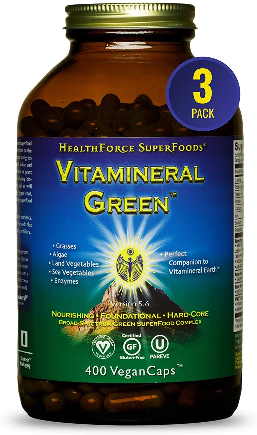 HealthForce SuperFoods Vitamineral Green - 400 VeganCaps - Pack of 3 - All-Natural Green Superfood Complex - Vitamins, Minerals, Amino Acids & Protein - Vegan & No Gluten - 150 Total Servings