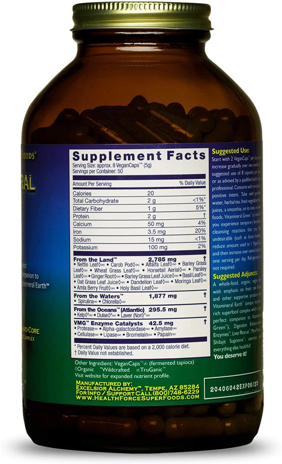 HealthForce SuperFoods Vitamineral Green - 400 VeganCaps - Pack of 3 - All-Natural Green Superfood Complex - Vitamins, Minerals, Amino Acids & Protein - Vegan & No Gluten - 150 Total Servings