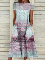 Round Neck Retro Print Casual Loose Short Sleeve Midi Dress