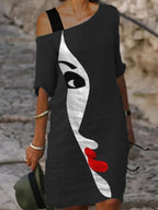 Casual Art Print One Shoulder Contrast Color Midi Dress