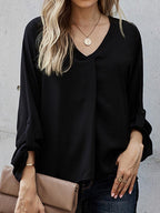 Casual Solid Color Loose V-Neck Long-Sleeved Blouse