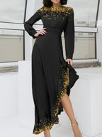 Fashion Sequin Print Ruffle Hem Maxi Dress Women