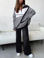 Women's Fashion Casual Black And White Gray Geometric Printing Suit