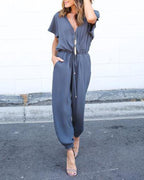 casual daily solid drawstring waist jumpsuit