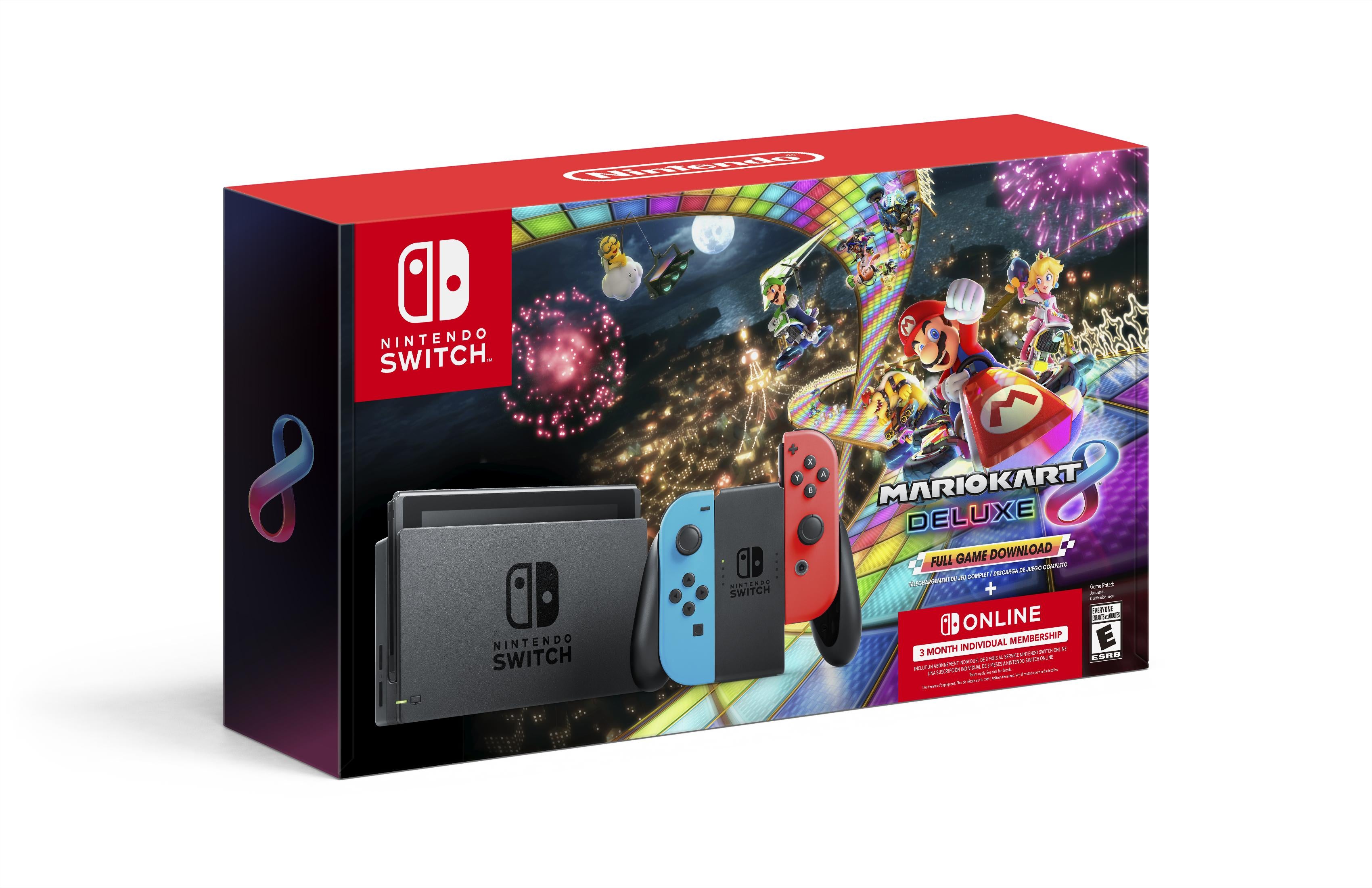 Nintendo SwitchTM w/ Neon Blue &amp; Neon Red Joy-ConTM + Mario KartTM 8 Deluxe (Full Game Download) + 3 Month Nintendo Switch Online Individual Membership