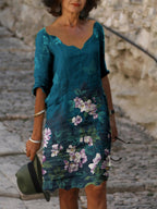 Womens round neck five-point sleeve print dress