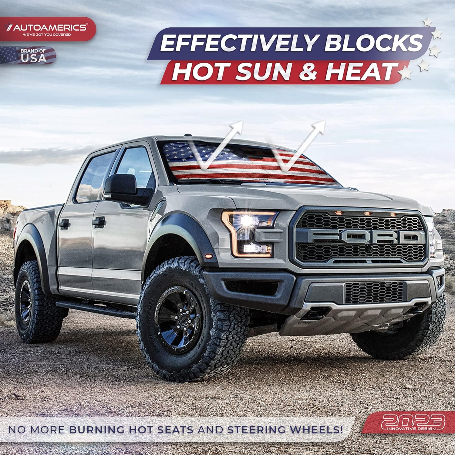 Autoamerics 1-Piece Windshield Sun Shade Grunge American Flag - 3 USA  - Foldable Car Front Window Sunshade for Most Sedans SUV Truck - Blocks Max UV Rays and Keeps Your Vehicle Cool - Small