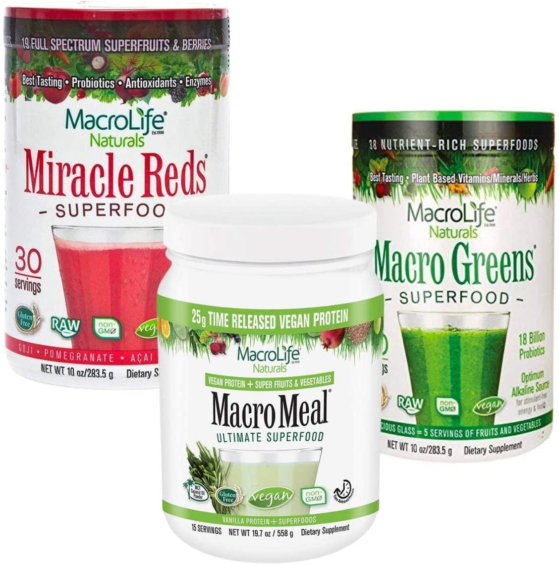 MacroLife Naturals Complete Protein Bundle 3ct - Macro Greens Superfood Powder 30oz (90 Servings) + Miracle Reds Superfood Powder 30oz (90 Servings) + MacroMeal Vegan Vanilla Protein (28 Servings)