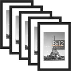 upsimples 8x12 Picture Frame Set of 5,Display Pictures 6x8 with Mat or 8x12 Without Mat,Wall Gallery Photo Frames,Black