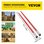 Mophorn Pair Hay Spear 49" Bale Spear 3000 lbs Capacity, Bale Spike  Attach Square Hay Bale Spears 1 3/4", Red Coated Bale Forks, Bale Hay Spike with Hex Nut & Sleeve for Buckets Tractors Loaders