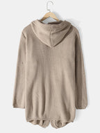 mens solid color knitted casual mid-length ripped loose sweater hooded cardigan