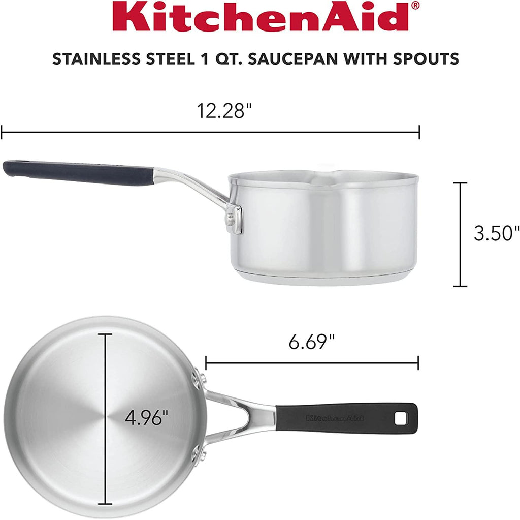 KitchenAid Stainless Steel Saucepan with Pour Spouts, 1 Quart, Brushed Stainless Steel