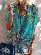 Ladies V-neck Printed Casual Short-sleeved T-shirt