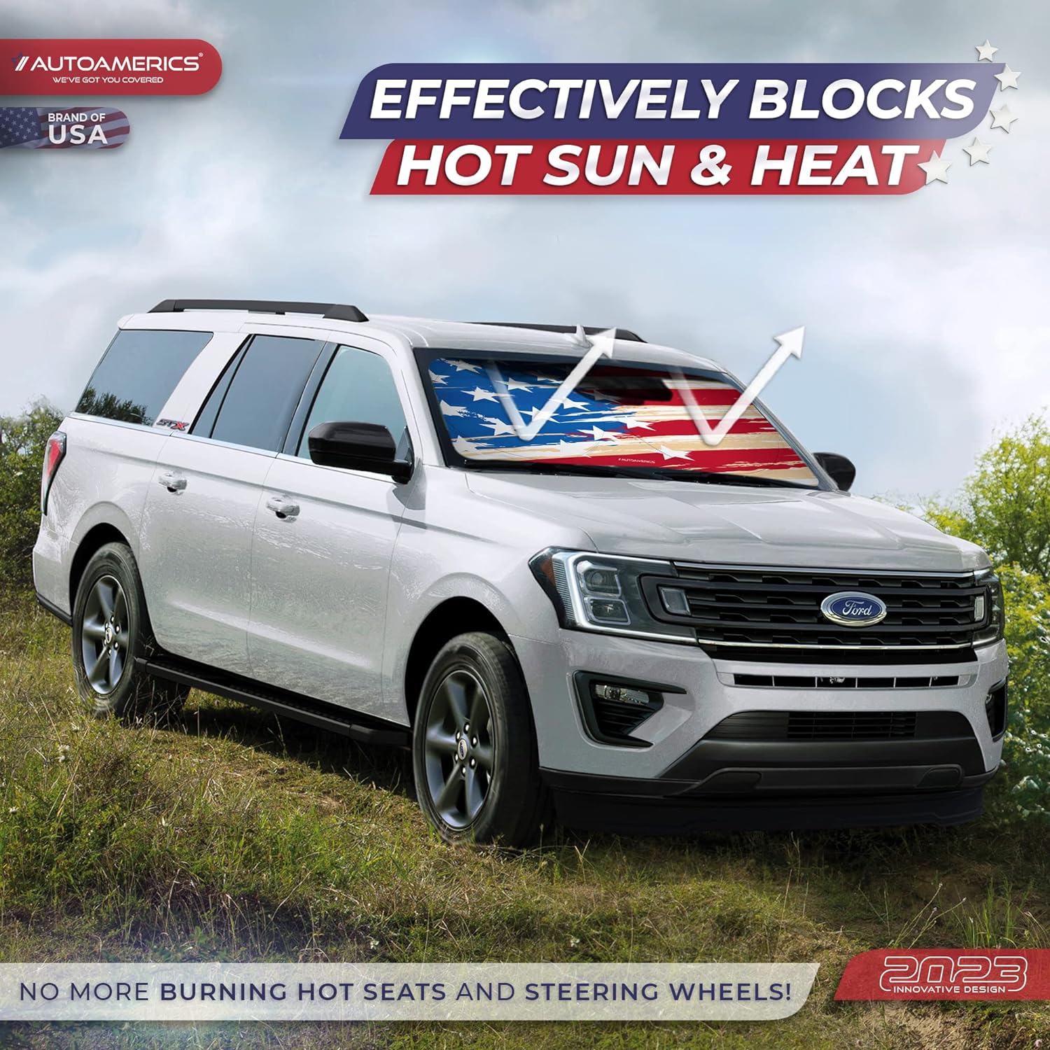 Autoamerics 1-Piece Windshield Sun Shade USA Art Flag - 1 American  - Foldable Car Front Window Sunshade for Most Sedans SUV Truck - Blocks Max UV Rays and Keeps Your Vehicle Cool - Large