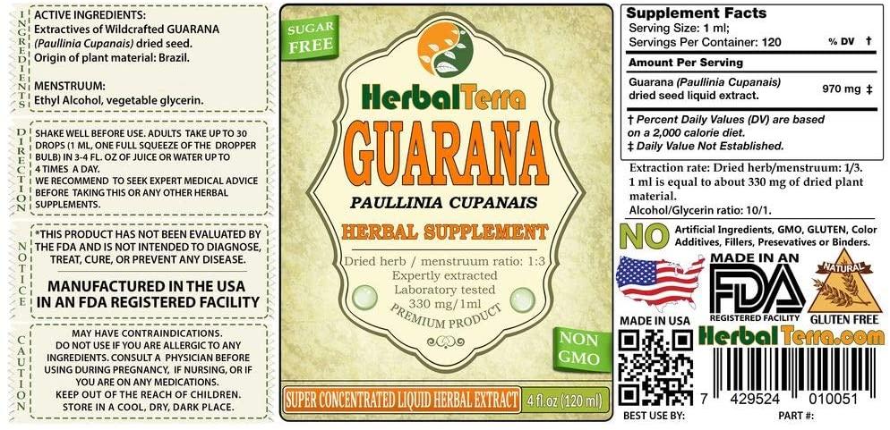 Guarana (Paullinia Cupanais) Tincture, Dried Seeds Liquid Extract (Brand Name: HerbalTerra, Proudly Made in USA) 20x4 fl.oz (20x120 ml)