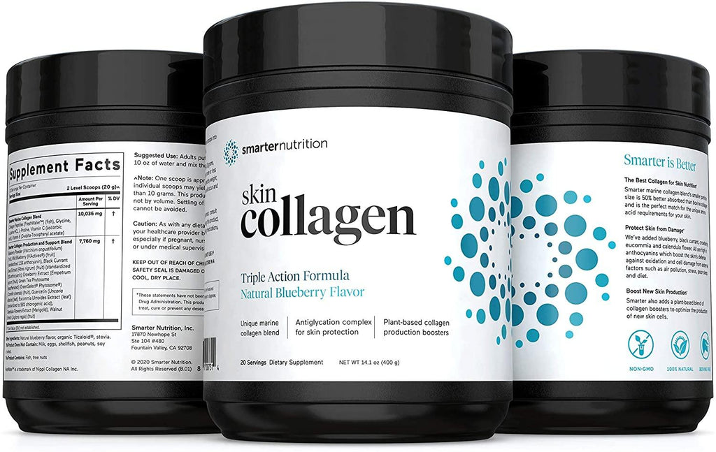 Smarter Skin Collagen - Triple Action Formula for Vibrant, Healthy Skin - Unique Marine Collagen Blend with Antioxidant Protection & Plant-Based Collagen Production Boosters (120 Servings)