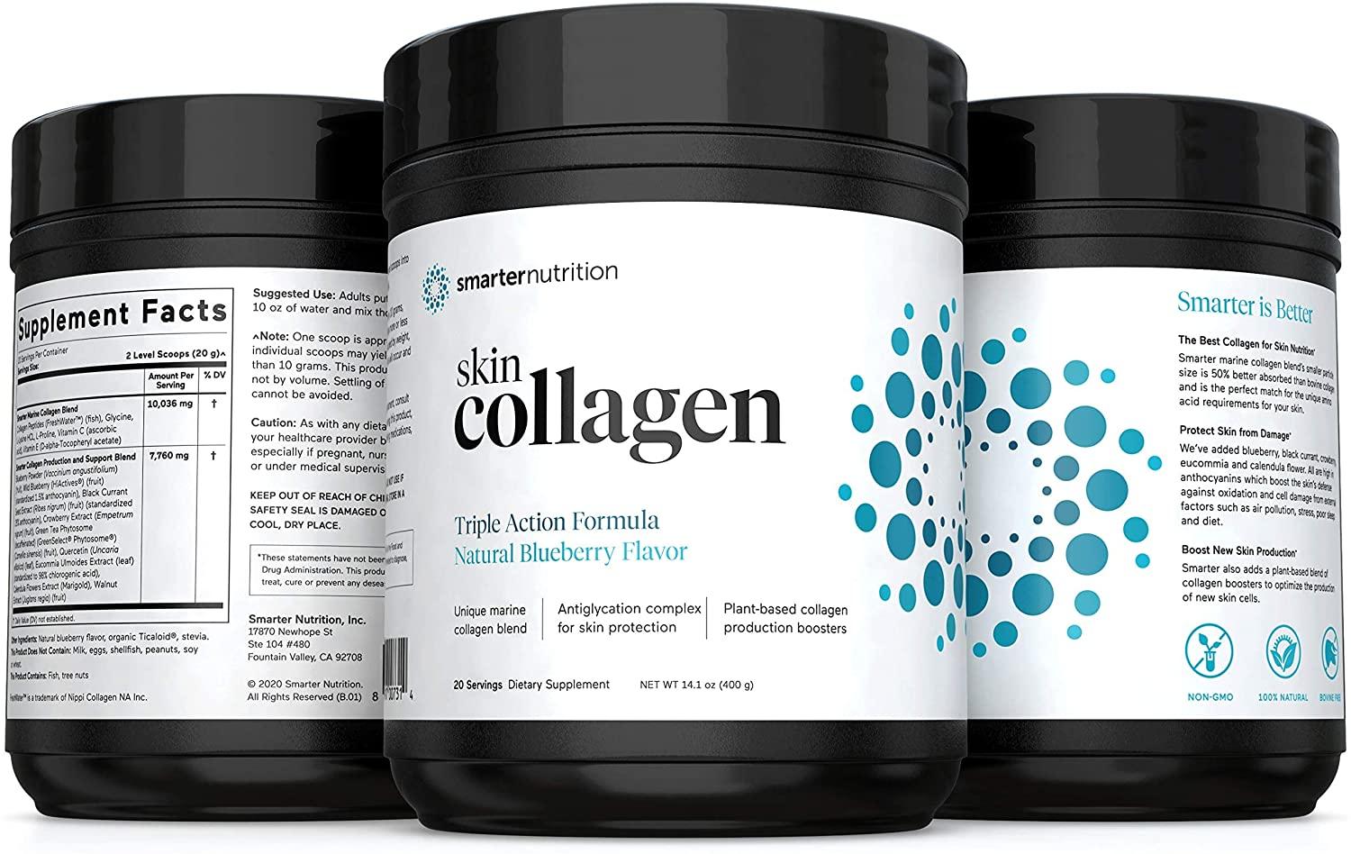 Smarter Skin Collagen - Triple Action Formula for Vibrant, Healthy Skin - Unique Marine Collagen Blend with Antioxidant Protection & Plant-Based Collagen Production Boosters (120 Servings)