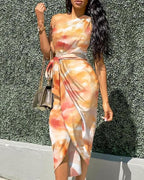 butterfly print oblique shoulder irregular dress