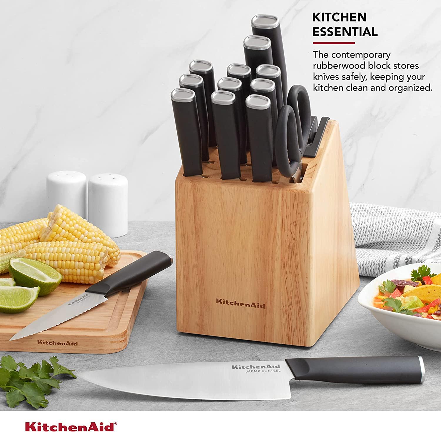 KitchenAid Classic 15-Piece Block Set with Built-in Knife Sharpener, Natural