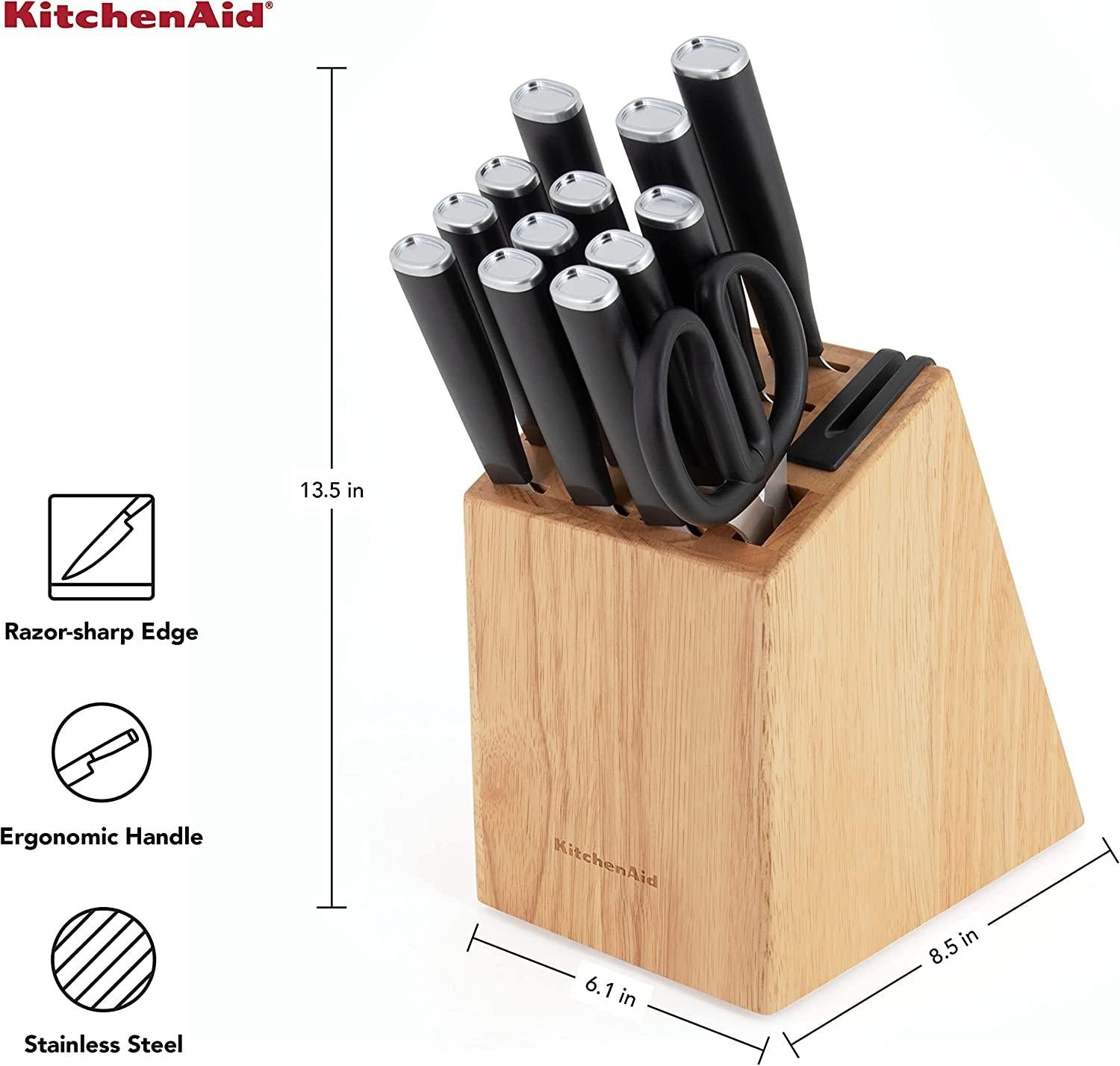 KitchenAid Classic 15-Piece Block Set with Built-in Knife Sharpener, Natural