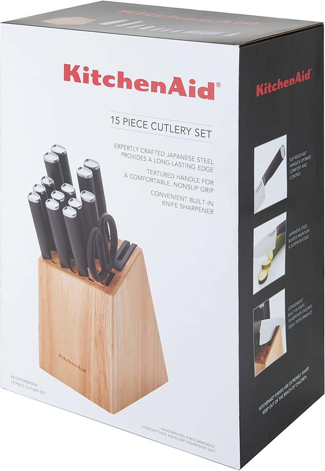 KitchenAid Classic 15-Piece Block Set with Built-in Knife Sharpener, Natural