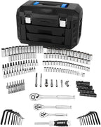 Multiple Drive 215-Piece Mechanics Tool Set SAE Metric-sized Sockets Drive Gift for Dad DIYers Homeowner Chrome Finish Steel Construction Handy Black StoraCase with Drawers Portable