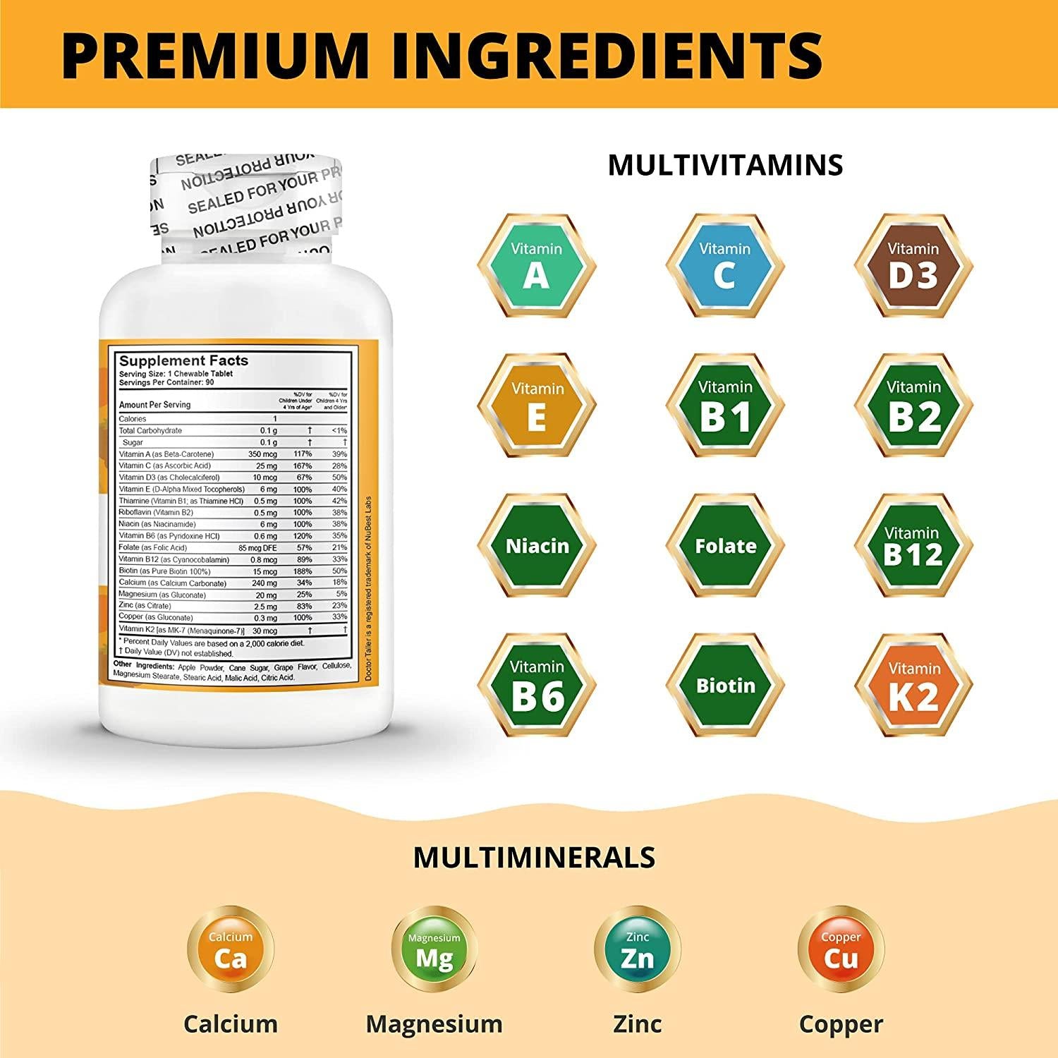 Doctor Taller Kids - Supplement Kids with Multivitamins and Multiminerals for Optimal Health - for Kids Ages 2 to 9 - Grape Flavor - 90 Vegan Chewable Tablets (Pack of 6)