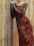 Fashion Retro Print Round Neck Long Sleeve Casual Maxi Dress